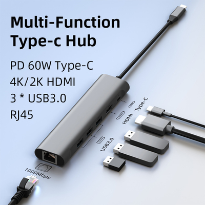 5Gbps Data Ports USB C Hub 6 In 1 With 4K HDMI 60W Power Delivery